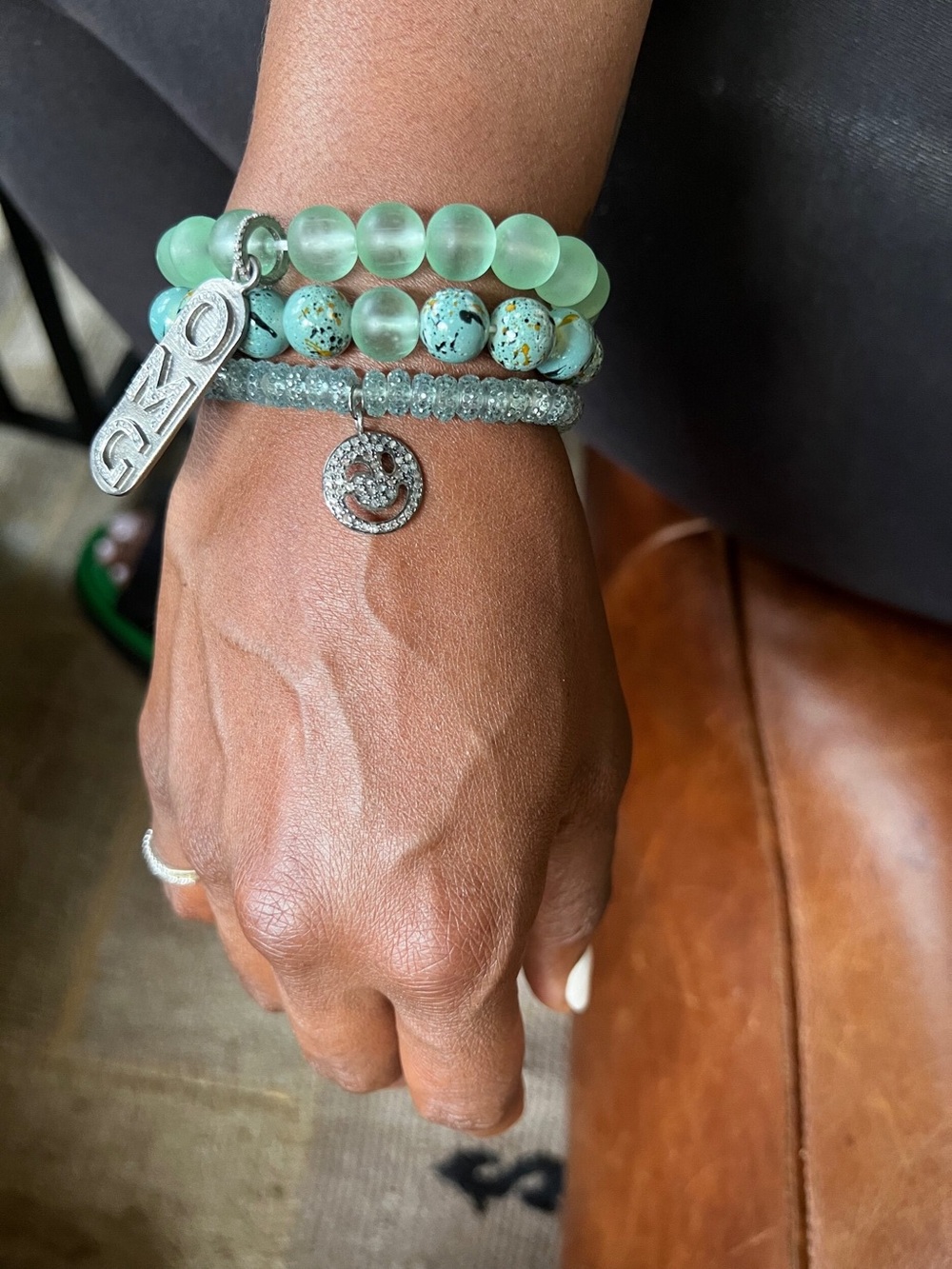 OMG Diamond and Silver & Green Beaded Stretch Bracelet